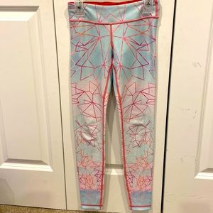 Ivivva Blue and Pink Maple Leaf Patterned Leggings